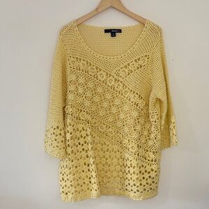 Butter Yellow Crochet Open Knit Sweater Boho Coastal Grandma Fairycore 1X 22/24
